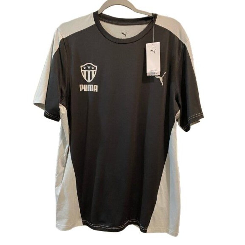 Men's Large T-shirt Puma Logo Short Sleeve Crewneck Gray & Black Midfield Tee